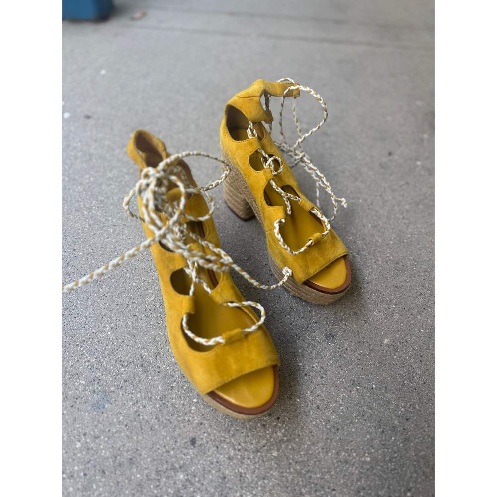 Tory Burch Mustard Suede Lace-Up Platform Block Heel Sandals | Size 8 in Yellow - Picture 3 of 5